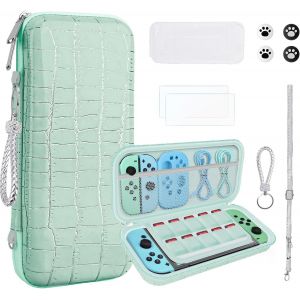 Eryi-10 En 1 Étui De Transport Compatible Avec Nintendo Switch Oled, Nouvelle Coque Rigide Texture Crocodile Housse, Pochette De Protection Pour Rangement Jeux Switch Console Et Accessoires (Vert) - Neuf