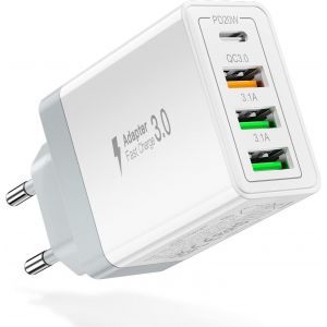 JGD-Chargeur USB-C 35W 4 Ports [PD20W + QC3.0], Bloc Mural Rapide Multi Secteur Adaptateur Compatible iPhone 16/15/14 Pro Max, Samsung Galaxy S24/S23, iPad & Tablettes - Neuf