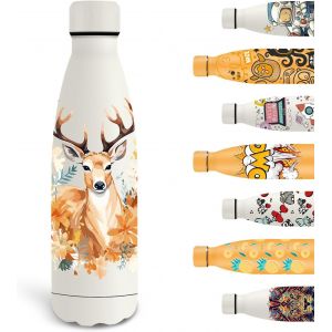 Cheng-Gourde Isotherme, 500ml Gourde Enfant, Gourde Personnalisée Avec Cerf, Gourde Sport Sans Bpa, Facile À Transporter, Bouteille D'eau Anti Fuite, Pour L'école, Bureau, Voyage, Sports, Blanc - Neuf