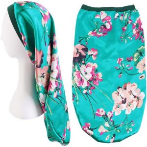2 Pcs Bonnet De Nuit Satin Extra Long Chapeau Sommeil &Eacute;lastique Capuchon Pour Soin Des Cheveux Femme Adapt&eacute; Cheveux Longs Cheveux Boucl&eacute;s (Noir,Vert) - Neuf