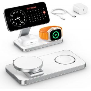 Station De Charge For Iphone 17 16 15 14 13 12 Pro/Max/Plus, Apple Watch 9 8 Se 7 6 5 4 3 2, Airpods 2/3/Pro,Station De Charge Chargeur Mag-Safe,Chargeur Sans Fil Rapide (Blanc) - Neuf