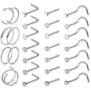 28 Pi&egrave;ces Cerceau D'anneaux De Nez, Anneaux De Nez En Acier Chirurgical Ensemble De Vis De Nez En Forme De L,Cartilage H&eacute;lix Boucles D'oreilles Hoop Nostril Nez Per&ccedil;age Corporel Bijoux - Neuf