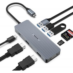 CIVV-Hub Usb C,Adaptateur Usb C 9 En 1 Triple Affichage Avec 2 X Hdmi/Vga,Station D'Accueil Rapide Mac Pro/Air 5Gbps Pour Lenovo Et Périphériques De Type C (Sd/Tf+Usb A 3.0/2.0+Pd Charging) - Neuf