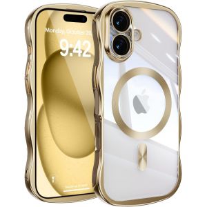 TRAHOO-Coque Magn&eacute;tique pour iPhone 16 Compatible avec Recharge sans Fil, Wave Frame &Eacute;tui en Silicone Liquide, Housse de Protection Antichoc Bumper Cover Case avec Protection Cam&eacute;ra, Dor&eacute; - Neuf