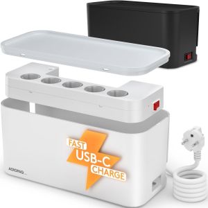 Cache multiprise - avec multiprise int&eacute;gr&eacute;, USB-C, USB-A, 5 x Prises - Boite Cache Cable, Bo&icirc;te de Rangement pour C&acirc;bles - ACROPAQ, Blanc - Neuf