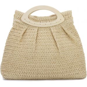 SJZG-Sac &Agrave; Main En Paille Pour Femmes - Sac Fourre-Tout De Plage D&iquest;&Eacute;t&eacute; Tiss&eacute; Sac &Agrave; Main En Paille De Voyage Avec Poign&eacute;e En Bois Pour Les Vacances De F&ecirc;te - Neuf
