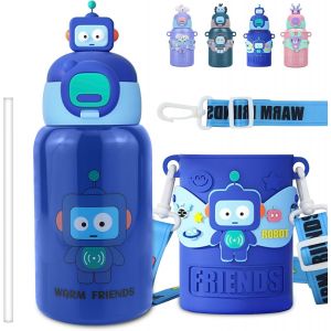 Kgabery-Bouteille D'eau Isotherme En Acier Inoxydable Pour Enfants De 3 À 15 Ans Avec Couvercle À Paille,Réutilisable,Anti-Fuite,Sans Bpa (Robot) - Neuf