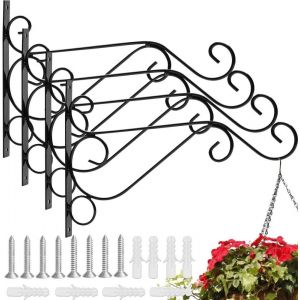 TEPPE-4 Pcs Suspension Crochet en Fer Forgé Support Plante Mural avec Vis Accroche Plante Mural Suspension Crochet Plante 26 * 21 * 1.5cm Rétro pour Jardin Balcon Lanterne Plants Déco - Noir - Neuf