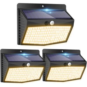 Lampe Solaire Ext&eacute;rieur Blanc Chaud [Lot De 3 De 138 Led] Lumiere Solaire Exterieur 3 Modes Sans Fil Lampe Solaire D&eacute;tecteur De Mouvement Eclairage Exterieur Solaire Etanche Pour Jardin D&eacute;co - Neuf