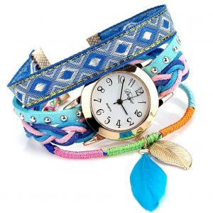 Duoya Femmes Style Ethnique Plume Artificielle D&eacute;coration Montre Bracelet Ronde (Bleu Ciel) - Neuf