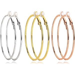 Meimie-3 Paires De Clips D'oreilles,Grand Ensemble De Créoles,Boucles D'oreilles Pour Femmes Non Percées,Boucles D'oreilles Pour Femmes Hypoallergéniques En Or Rose Et Argent Plaqué Or(5cm¿ - Neuf