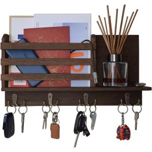 CAUC-Organisateur Mural Intelligent 3-en-1 | Porte-Cl&eacute;s & Organisateur Courrier avec &Eacute;tag&egrave;re D&eacute;corative | 4 Crochets Doubles M&eacute;tal | Bois de Paulownia | Style Rustique Farmhouse - Neuf