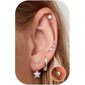 Kal-4paires Hypoallergéniques Boucles D'oreilles Femme Argent/Or Petites Boucles D'oreille Acier Inoxydable Zircon Fleur Piercing Oreille Lot Clous D'oreilles Créoles Or Pour Multiple Piercing - Neuf