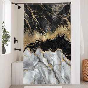 TZF-Rideau Douche Anti Moisissure, Rideau de Douche 120x200cm Gris Effet Marbre Noir Jaune Abstrait Rideaux de Baignoire Tissu Lavable Imperm&eacute;able Polyester Rideaux Salle de Bain avec 8 Crochets - Neuf