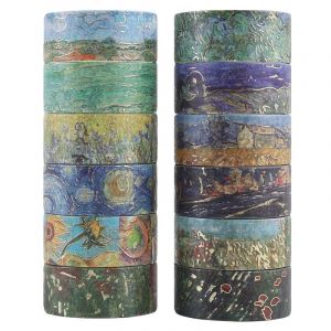 Lot de 12 rouleaux de ruban adhésif décoratif en feuille d'or, motif Van Gogh, pour loisirs créatifs et emballages cadeaux, décoration de vacances, bureau - Neuf