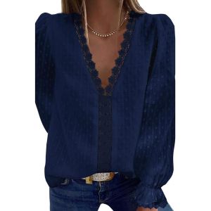 Utigh-Chemisier Femme Dentelle Décontracté Col V Élégant Couleur Unie Vintage Manches Courtes Casual Dentelle Blouse - Neuf