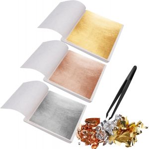 Mevronisshop-300 Feuille D'or Decoration, 8 X 8.5 Cm Feuille Imitation Or Pour Bijoux, Feuilles D'argent Et Rose Avec Pince &Agrave; &Eacute;piler, Feuilles Dor Scrapbooking Deco, Pour Bricolage, Art De L'ongle, P - Neuf