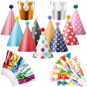 Mevronisshop-Kit 38 Pi&egrave;ces Chapeau Anniversaire Enfant - 11 Chapeaux C&ocirc;ne De F&ecirc;te Et 27 Sifflets Color&eacute;s Avec Pompons Pour F&ecirc;tes De B&eacute;b&eacute; - Neuf