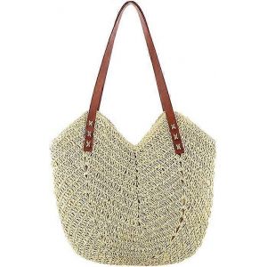 Sac à main en paille femme,sac panier,sac de plage d'été en paille grand avec fermeture éclair,sac en paille fait à la main avec bandoulière en cuir,sac à bandoulière tissé pour beac - Neuf