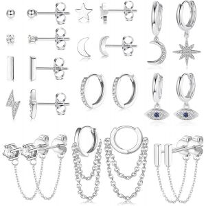 Kal-Paires Petite Boucles D'oreilles Femme Acier Innoxydable &Eacute;toile Lune Boucles D'oreilles Creoles Pendantes Avec Cha&icirc;ne Hypoallerg&eacute;nique Zircon Ball Evil Eye Boucles D'oreilles Or/Argent - Neuf