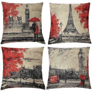 Housses de coussin 18 x 18 pouces noir et rouge couleur Tour Eiffel & Big Ben taie d'oreiller décorative - Neuf