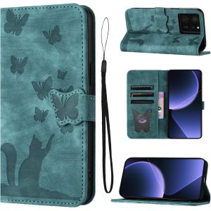 KAL-Housse Tablette Pour Xiaomi 13T / Xiaomi 13T Pro Mat&eacute;riau En Cuir Pu Coque Xiaomi 13T Avec Fentes Pour Cartes Motif Papillon Chat Coque Xiaomi 13T Pro Vert - Neuf