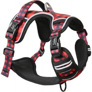 Eryi-Harnais Chien Harnais Pour Chien Anti Traction Réfléchissant Harnais Avec Poignée Rembourrée, 1 Boucle Sur La Sangle Droite Cou Rendent Facile À Mettre Et À Enlever, Noir-Rouge Plaid, Xl - Neuf