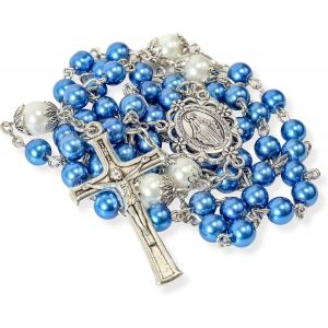 Store Chapelet De Perles Blanches Notre P&egrave;re Collier De Perles M&eacute;daille De Lourdes Et Croix Crucifix D&eacute;votion Spirituelle (Bleue) - Neuf
