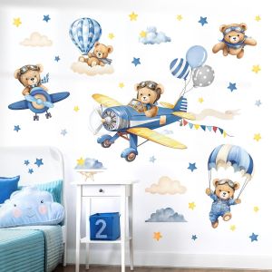 ERYI-Stickers Muraux Animaux Avion Autocollant Mural Animaux Ours Montgolfière Avions Décoration Murale Chambre Enfants Bébé Pépinière Salon - Neuf