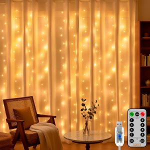 KALANKA-Guirlande Lumineuse Rideau Int&eacute;rieur 3m*3m, 300 LED Blanc Chaud USB Rideau Lumineux Noel 8 Modes Dimmable Etanche Decoration Led Chambre pour No&euml;l, Mariage, Anniversaire, Fen&ecirc;tre, Maison - Neuf