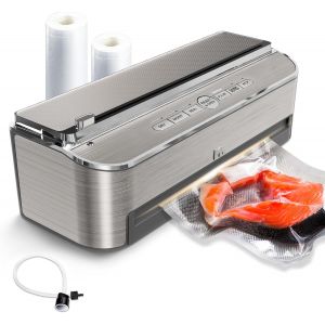 MEVRONISSHOP-85 kPa 120 W Machine Sous Vide Alimentaire, Système D'étanchéité Puissant, Cutter Intégré, Rangement de Sacs, Mode Humide et Tuyau D'aspiration D'air, 2 Rouleaux de Sac (Argenté) - Neuf