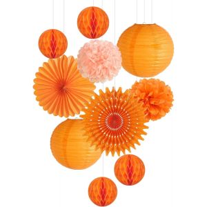KALANKA-Ensemble de Décoration de Fête Orange, Pompon en Papier de Soie Évantail Rosace Papier Boules en Nid d'abeille Landerne Chinois Deco pour Chambre,Marriage,Anniversaire Lot de 9 - Neuf
