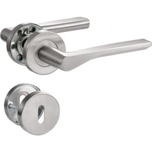 Bettklinke Poign&eacute;e de porte en nickel bross&eacute; mat pour porte d'entr&eacute;e et porte int&eacute;rieure en forme de L, rosace ronde, BB - Neuf