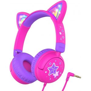 LORANKA-Casque Audio Enfant, d'oreilles de Chat avec &Eacute;clairage LED, Volume Limit&eacute; 85dba, Son St&eacute;r&eacute;o, Casque d'&Eacute;coute pour Enfants Pliable avec Fil 3.5 mm, pour ipad, Tablettes, Voyages, l'&Eacute;cole - Neuf
