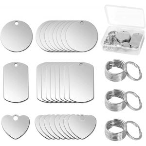 KALANKA-24 Pi&egrave;ces &Eacute;tiquettes Vierges en Acier Inoxydable, &Eacute;tiquettes d'Estampage Vierges, Redondo Rectangular en Forma de Coraz&oacute;n en Blanco Colgante Llavero pour DIY Porte-Cl&eacute;s, Chien Plaque - Neuf