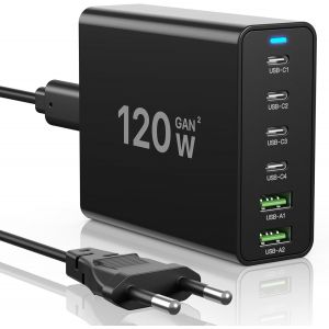 lbgwp60-Chargeur Usb C 120W Gan, Chargeur Usb Multiple Chargeur Pd,Station De Charge À 6 Ports Compatible Avec Iphone/Samsung/Google/Xiaomi/Ordinateur Portable/Tablette Et Autres Appareils Usb - Neuf