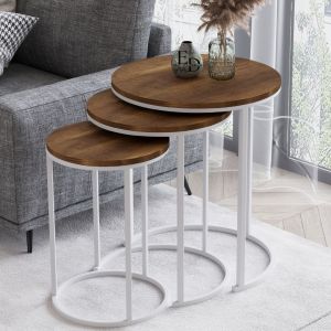 Tables Gigognes Paris Rondes Bois Fonce - Set De 3 Tables Basses Style Moderne - Pieds Metal Blanc Elegant - Neuf