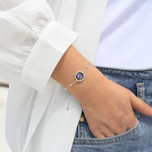 Bracelet Hamsa Main De Fatma Pour Femme Argent Sterling 925 &Eacute;mail Bleu Noir Protection Mauvais Oeil Cha&icirc;ne Bracelet Avec Boules,R&eacute;glable 17+4cm - Neuf