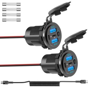 Lot De 2 Prise Usb-C Voiture 90W 4 Ports &Eacute;tanche 12V, Double Pd 36W Et Double Qc 3.0 Usb Chargeur De Voiture Avec Interrupteur Et C&acirc;ble C &Agrave; C Charge Rapide Mobile Gps Compatible Bateau/Camion/Moto - Neuf