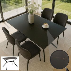 Table de salle &agrave; manger HWC-O58, table &agrave; manger en pierre fritt&eacute;e m&eacute;tallique, aspect marbre 120 cmnoir-or - Neuf