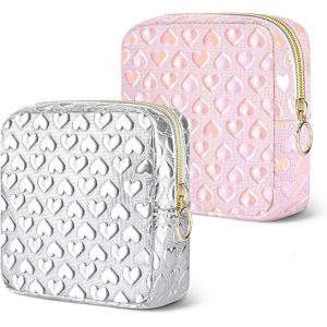 Pochette Maquillage, 2 Pi&egrave;ces Pu Trousse De Toilette Fille, Mini Trousse De Maquillage &Eacute;tanche, Trousse De Toilette Femme De Voyage Avec Fermeture Rose Et Argent - Neuf