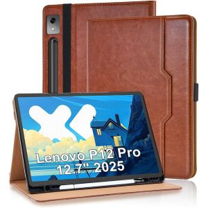 Eryi-Coque Pour Lenovo Tab P12 Pro 2025/ Xiaoxin Pad Pro 12,7 Pouces 2025 Housse Cuir Pu [Réveil/Veille Automatique] Etui De Protection Avec Support Fonction Et Poche De Documents, Marron - Neuf