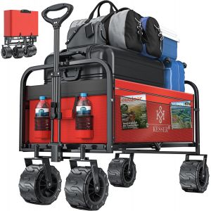 Chariot De Transport Avec Pneus Larges, 2 Poches En Filet | Pliable | Pneus En Caoutchouc Massif |Remorque De Jardin Gris - Neuf