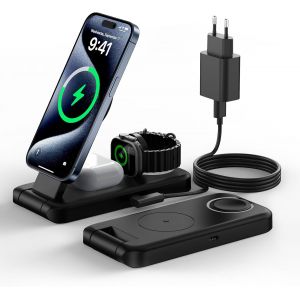 Chargeur Sans Fil Pliable 3 En 1, 15 W Mag Safe Station De Charge Inductive Pour Iphone 15/14/13/12, Apple Watch Et Airpods, Avec Adaptateur Usb-C (Noir)[Gyc963551] - Neuf