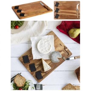 Plateau &Agrave; Fromage 3 &Eacute;tiquettes En Ardoise Et Acacia 7 X 5,5cm-1 Couteau &Agrave; Fromage &Agrave; Manche Rivet&eacute; - Neuf