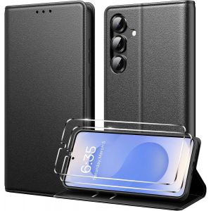 Kal-Coque Pour Samsung Galaxy S25/Samsung Galaxy S24, [ Verre Trempé Protection *2] [Blocage Du Signal Rfid] Etui Pour Samsung S25 5g Housse De Protection En Cuir Pu Premium-Noir - Neuf