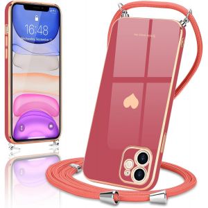Bande de t&eacute;l&eacute;phone portable - Compatible avec iPhone 11 - Avec cordon &agrave; accrocher - Protection de l'appareil photo - C?ur d'amour - En silicone galvanis&eacute; - Sac &agrave; bandouli&egrave;re - Pour iPhone 11 - Neuf