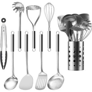Eryi-Ustensiles De Cuisine, 9 Pièces Ustensiles De Cuisine Inox, Cuisine Accessoires Avec Louche, Écumoire, Spatule Cuisine, Spatule Inox, Serveur De Pâtes, Presse-Purée, Fouet - Neuf