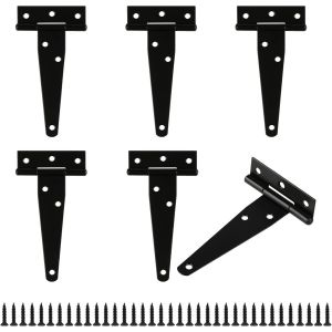 Lot de 6 Charnières en T, Noires Charnière Porte de Grange, Charnières de Portes, Charniere Plate Inox pour Portails, Abris de Jardin, Placard - 4 Pouces - Neuf