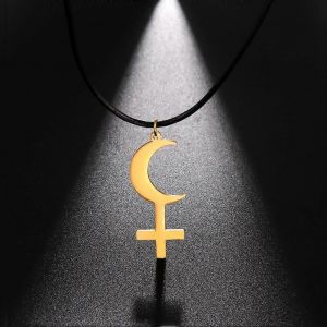 Croix Religieuse Croissant Pendentif Collier En Acier Inoxydable Astrologique Noir Lune Lilit Colliers Pour Femmes Bijoux Cadeau - Neuf